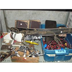 Shelf lot of misc items; tools, vintage faucet tap