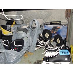 Lot of assorted sportswear, ski boots, snowboard