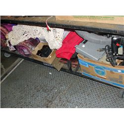 shelf lot of misc items; tools, clothing, pillows