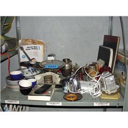 shelf lot of household collectable items