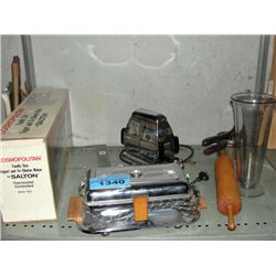 Shelf lot of vintage kitchen items; waffle maker,