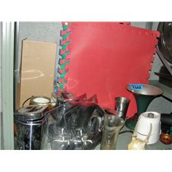 shelf lot of misc items; canister set, lamp, floor