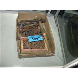 Box of rustic tools and misc