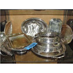 Shelf lot of silver plated serving pieces