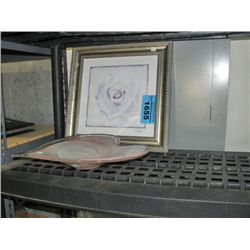 Framed rose print and glass heart shaped bowl