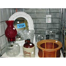 Shelf lot of assorted vases, oil lamps, jugs, etc