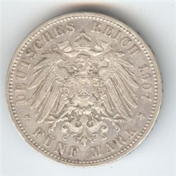 Prussia 5 mark silver, 1891-1908, VF