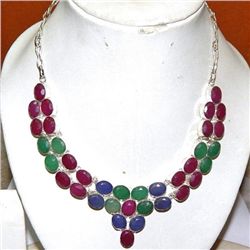 38.90g Necklace of Emerald,Ruby and Sapphire Sterling Silver