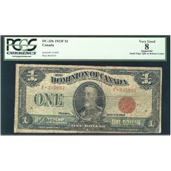 1923 Dominion of Canada;1 Dollars,  DC-25b #F-335997 PCGS VG8 Apparent. Small edge split.