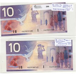 2000 Bank of Canada; 10 Dollars BC-63aA #FDZ9188743 & BC-63b #FDZ9832488.  Lot of 2 notes UNC.