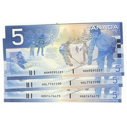 2005 Bank of Canada; 5 Dollars BC-62bA Sheet Replacement notes #HOH9295221, HOL7761590 & HOR1476475.