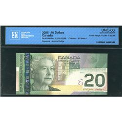 2006 Bank of Canada; 20 Dollars BC-64aA-i EZD9725088 CCCS UNC-66 insert Range 9.720M - 9.990M.