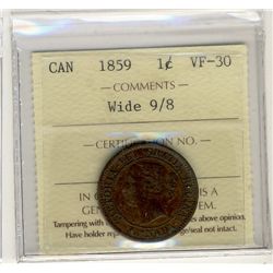 1859 1 Cent, ICCS VF30; Wide 9/8 .