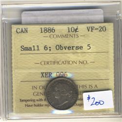 1886 10 Cents ICCS VF-20 Obverse 5; Small 6.