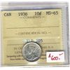 Image 1 : 1936 10 Cents ICCS MS-65.  Full white.