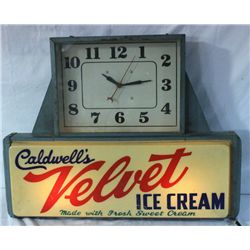 Caldwell's Velvet Ice Cream Lighted Sign & Clock