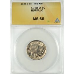 1938-D BUFFALO NICKEL, ANACS MS-66 SUPERB
