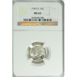 1945-D MERCURY DIME, NGC MS-65 GEM