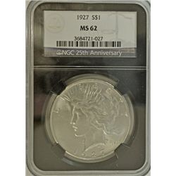 1927 PEACE DOLLAR NGC MS62 "BLACK HOLDER"