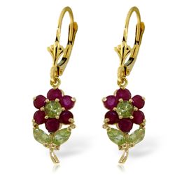 14k Solid Gold Peridot & Ruby Flower Earrings