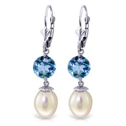 14K White Gold 8.0ct Pearl & 3.10ct Blue Topaz Earring