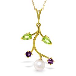 14k Solid Gold Peridot, Amethyst & Pearl Necklace