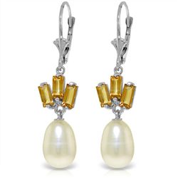 14K White Gold 8.0ct Pearl & 1.35ct Citrine Earring