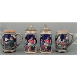 4 GERMAN BEER MUGS WITH COLORGUL SCENES-