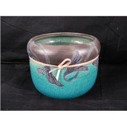Artist Signed Hand Painted Turquoise Pottery Bowl
