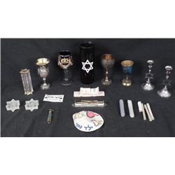 14 Pc Judaica Lot Mezuzahs, Yarmulke, Kiddish, Yahrzeit