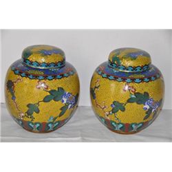 Pair yellow cloisonne covered vases. Late Ching China.