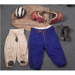 VINTAGE FOOTBALL EQUIP PANTS-LEATHER HELMET-PADS