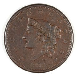 1838 LARGE CENT NEWCOMB 8 AU-50  WELL STRUCK