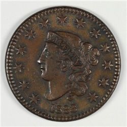 1833 LARGE CENT N2 CHOCOLATE BROWN XF/AU