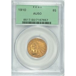 1910 $5 GOLD INDIAN PCGS AU-50 OLD GREEN LABEL LOOKS NICER