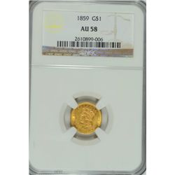 1859 TYPE 3 GOLD DOLLAR NGC AU-58  HAS GREAT LUSTER AND EYE APPEAL
