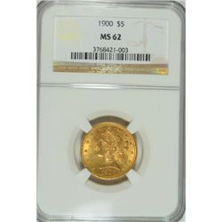 1900 $5 GOLD LIBERTY NGC MS-62