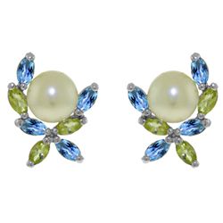 14k Gold Pearl Earrings with Blue Topaz and Peridots