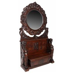 Magnificent Oak Griffin Carved Hall Bench