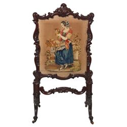 Carved Walnut Tapestry Fire Screen