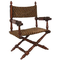 Figural Carved Walnut Folding Campaign Chair