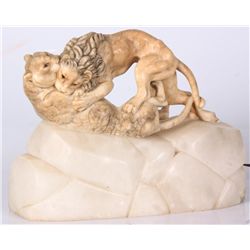 Lion Carved Marble & Alabaster Lamp