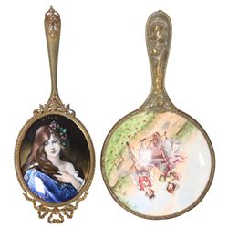 2 French Enamel & Porcelain Hand Mirrors