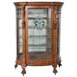 Figural Carved Oak Leaded China Cabinet