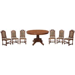 Carved Oak Breakfast Table & 6 Sidechairs