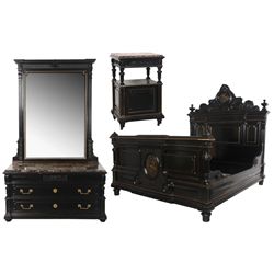 3 Pc. Ebonized Marble Top Bed Set