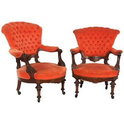 Pr. Carved Walnut Armchairs