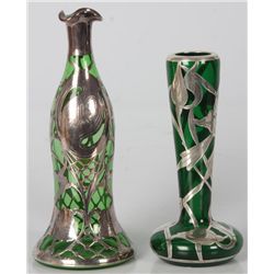 2 Pcs. Green Glass With Silver Overlay