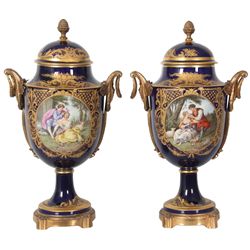 Pr. Bronze Mounted Limoges Cobalt Urns