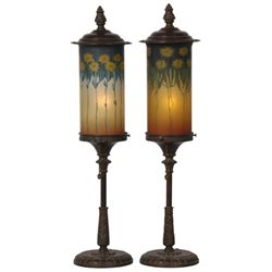 Pr. Handel Reverse Painted Torchiere Lamps